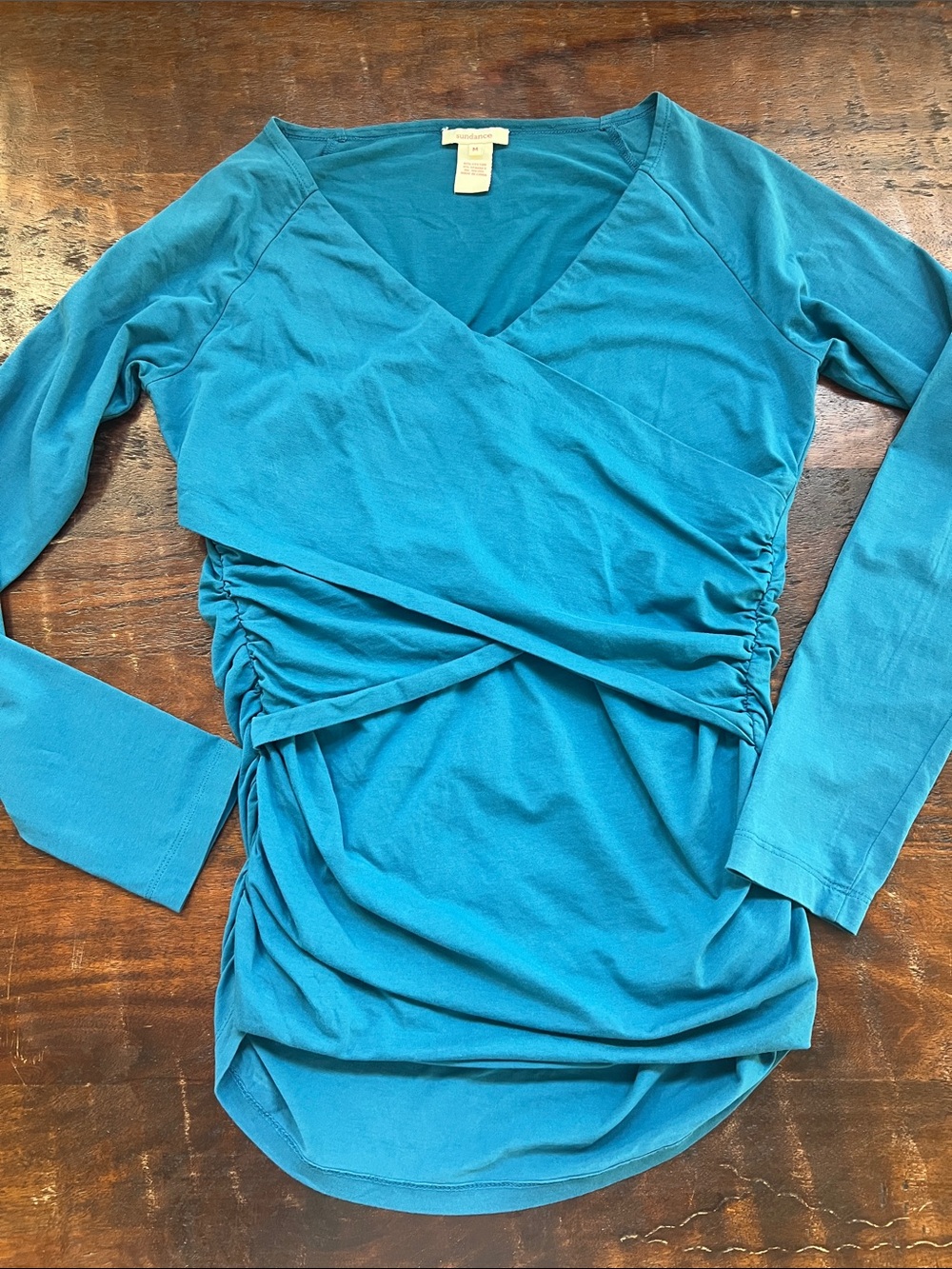 SUNDANCE Vanessa Faux Wrap Long Sleeve Tee Top Vibrant Teal/Blue Women's M - Picture 5 of 10